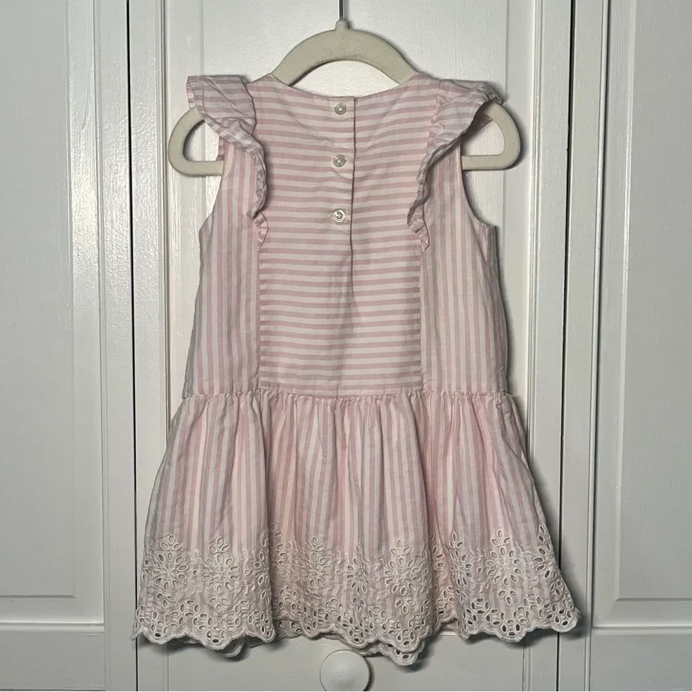 GAP Kids Girls Size 3T Pink White Stripe Eyelet Hem Cotton Ruffle Dress Lined